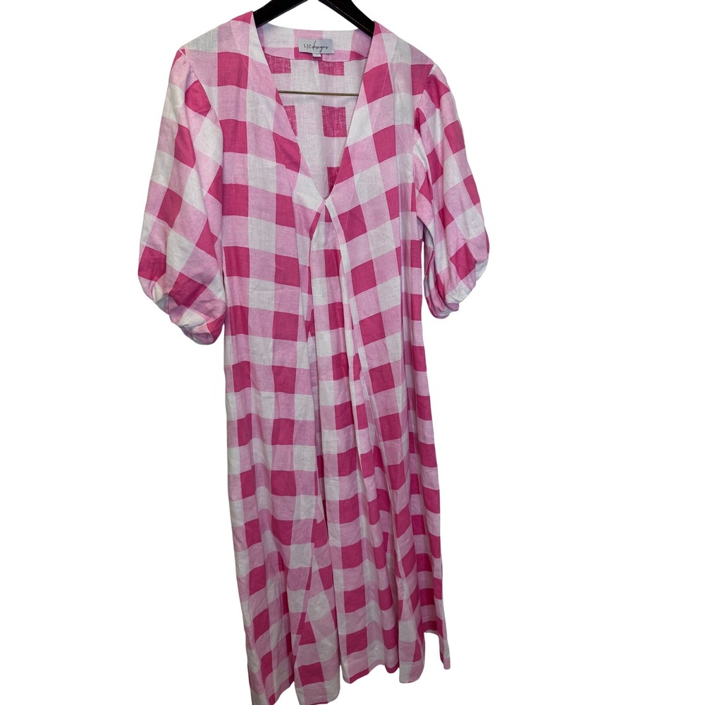 LJC Designs Pink Gingham‎ Linen Maxi Dress V-Neck Puff Sleeve Pockets Womens S